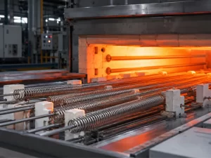 SGHYZ FeCrAl heating wire coils inside an industrial furnace glowing at high temperature, showing heat treatment furnace heating elements metal process banner