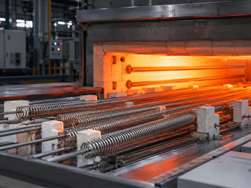 SGHYZ FeCrAl heating wire coils inside an industrial furnace glowing at high temperature, showing heat treatment furnace heating elements metal process banner