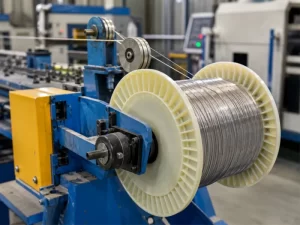 Nichrome wire coil on an industrial wire drawing production line for manufacturing resistance heating wire used in industrial heating applications banner